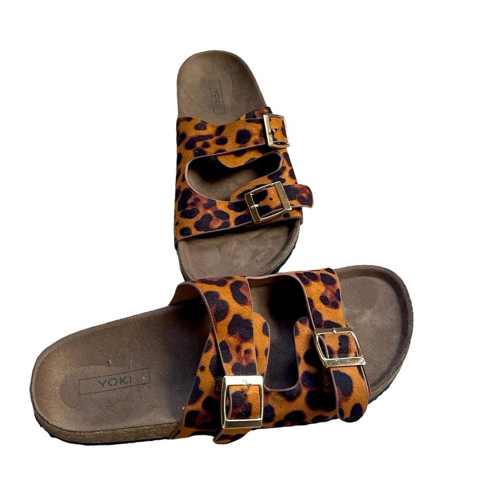 Yoki Leopard Black Brown Slide Sandal Size 7.5 Adjustable Strap